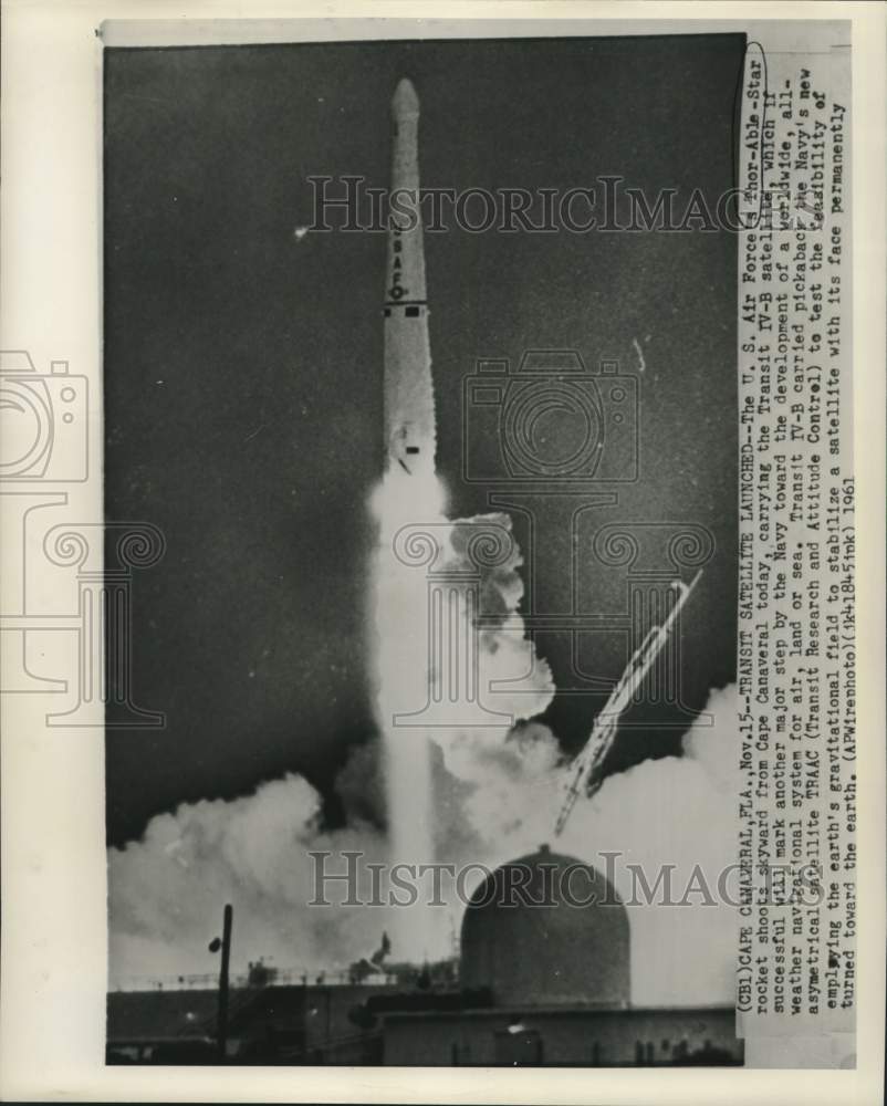 1961 Press Photo Transit Satellite Launched from Thor-Able-Star Rocket, Florida