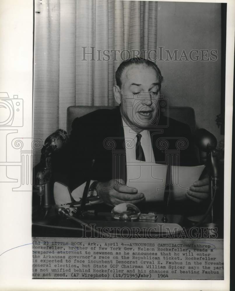 1964 Press Photo Winthrop Rockefeller announces candidacy for Arkansas governor