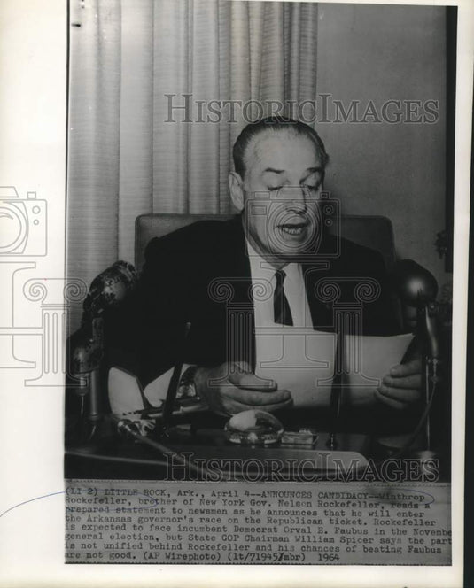 1964 Press Photo Winthrop Rockefeller announces candidacy for Arkansas governor