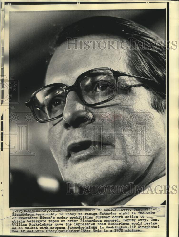 1972 Press Photo Atty. General Elliot Richardson prepares to resign, Washington