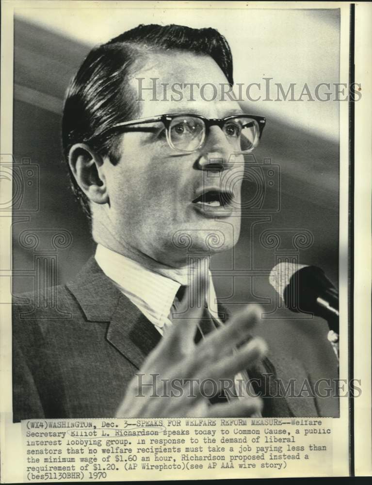 1970 Press Photo Welfare Secretary Elliot Richardson speaks to Common Cause