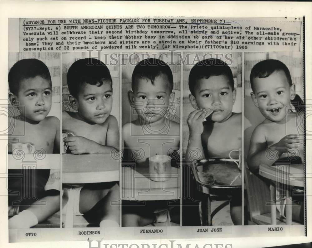 1965 Press Photo Prieto Quintuplets of Venezuela to Celebrate 2nd Birthday