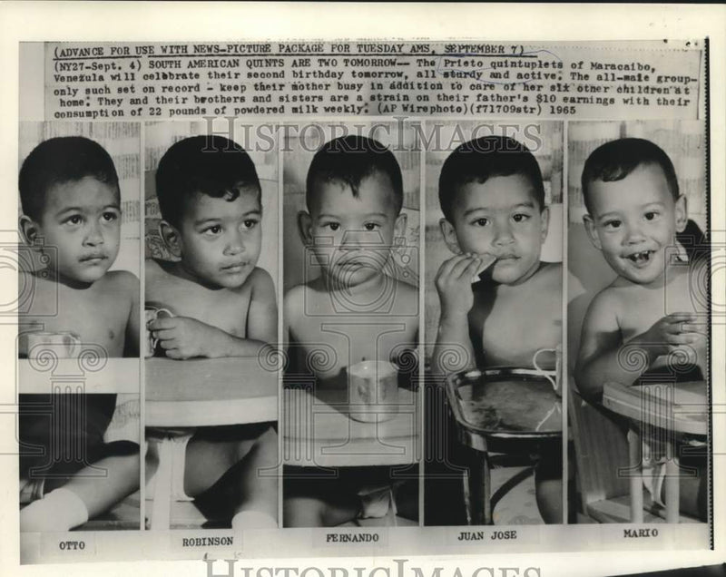Load image into Gallery viewer, 1965 Press Photo Prieto Quintuplets of Venezuela to Celebrate 2nd Birthday
