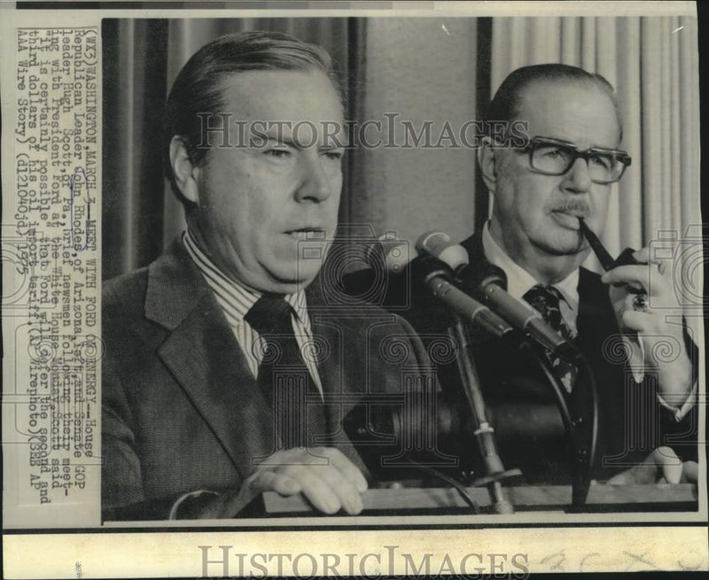 Load image into Gallery viewer, 1975 Press Photo GOP leaders John Rhodes, Hugh Scott speak to the press, Wash.
