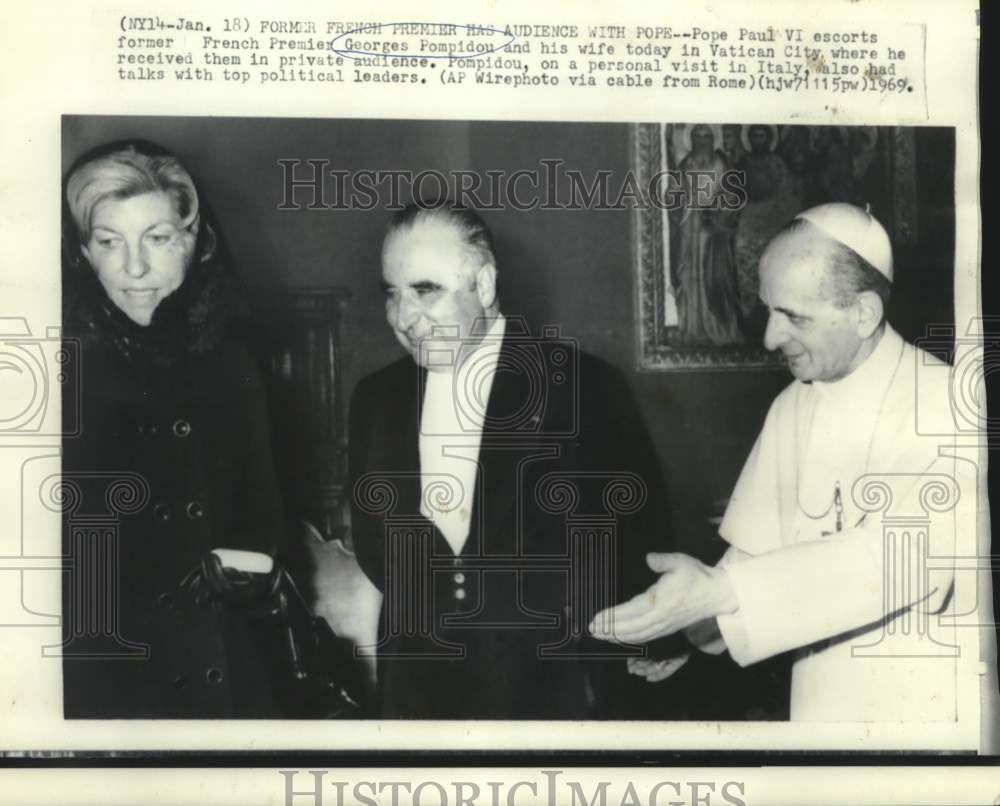 1969 Press Photo Former French Premier Georges Pompidou, Wife with Pope Paul VI