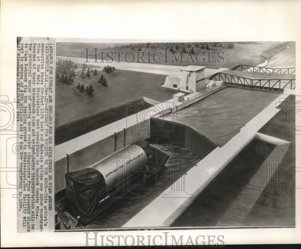 1963 Press Photo Artist&#39;s drawing of lift lock and bridge at NASA MS test site
