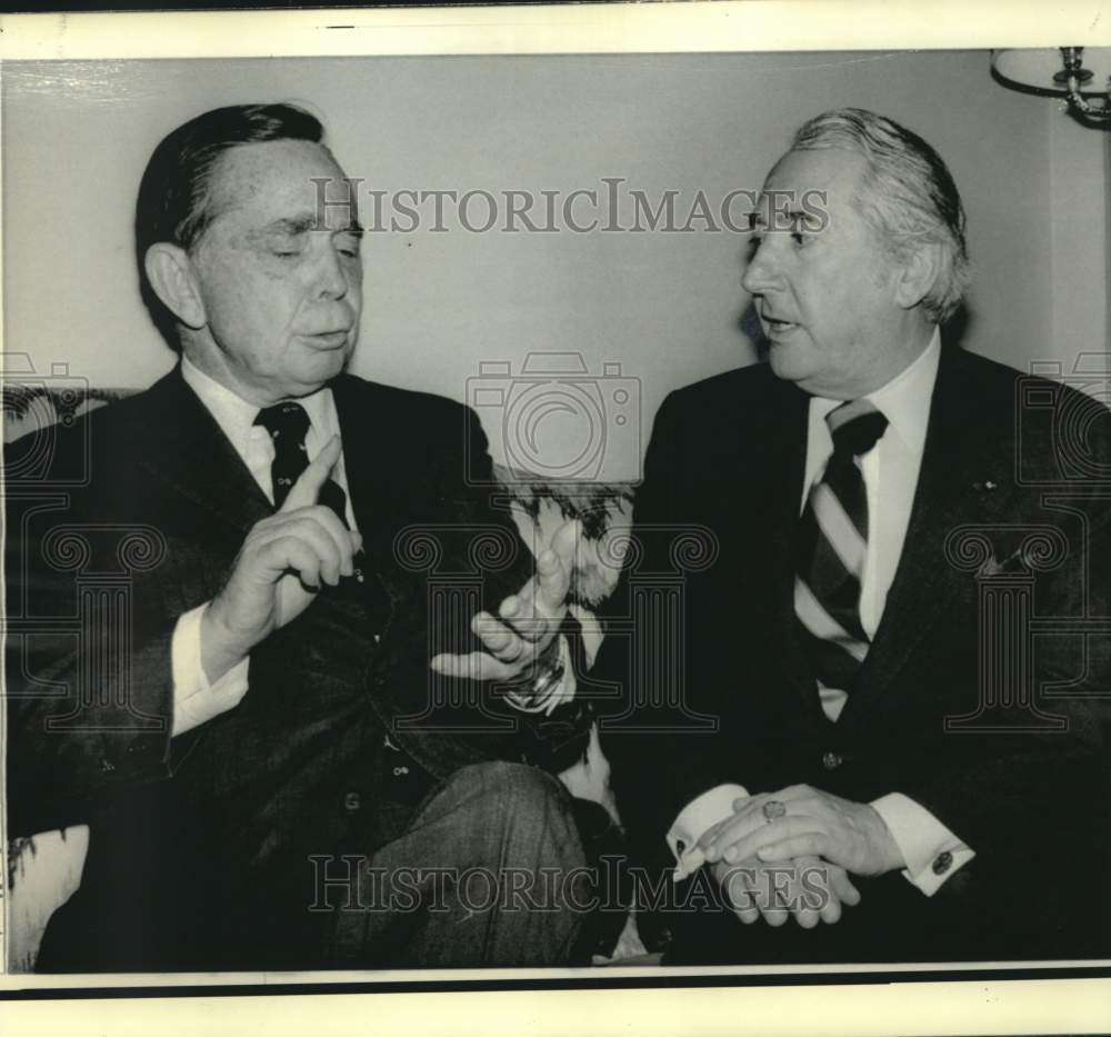 1974 Press Photo House Leaders Carl Albert and Peter Rodino confer in Washington