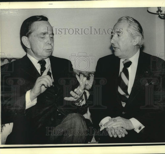 1974 Press Photo House Leaders Carl Albert and Peter Rodino confer in Washington