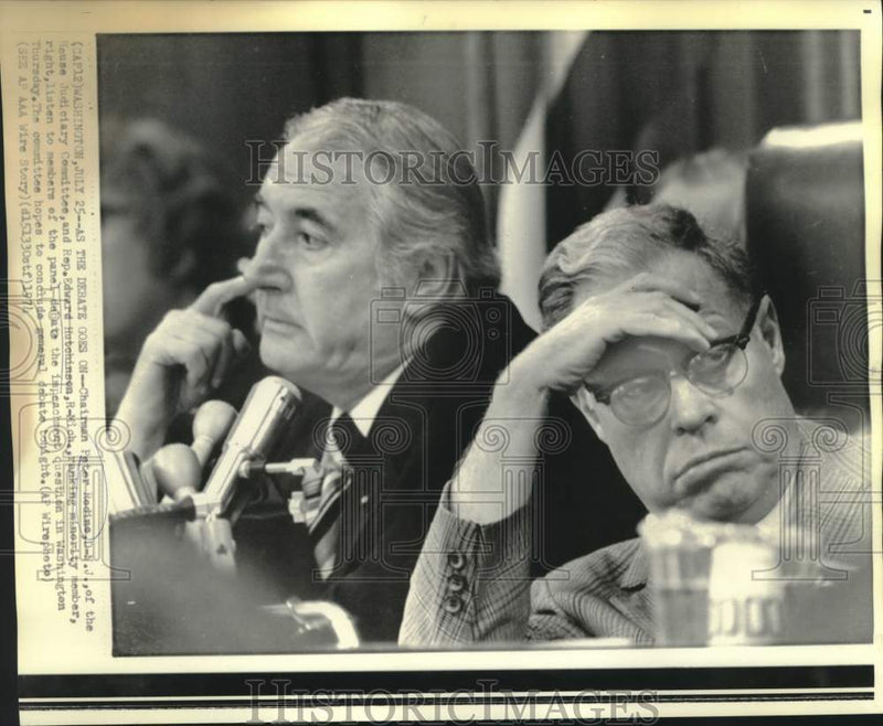 Load image into Gallery viewer, 1974 Press Photo Reps. Peter Rodino, Edward Hutchinson listen to debate, Wash.
