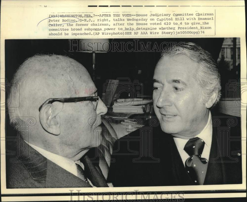 Load image into Gallery viewer, 1974 Press Photo Chairman Peter Rodino talks on Capitol Hill with Emanuel Celler

