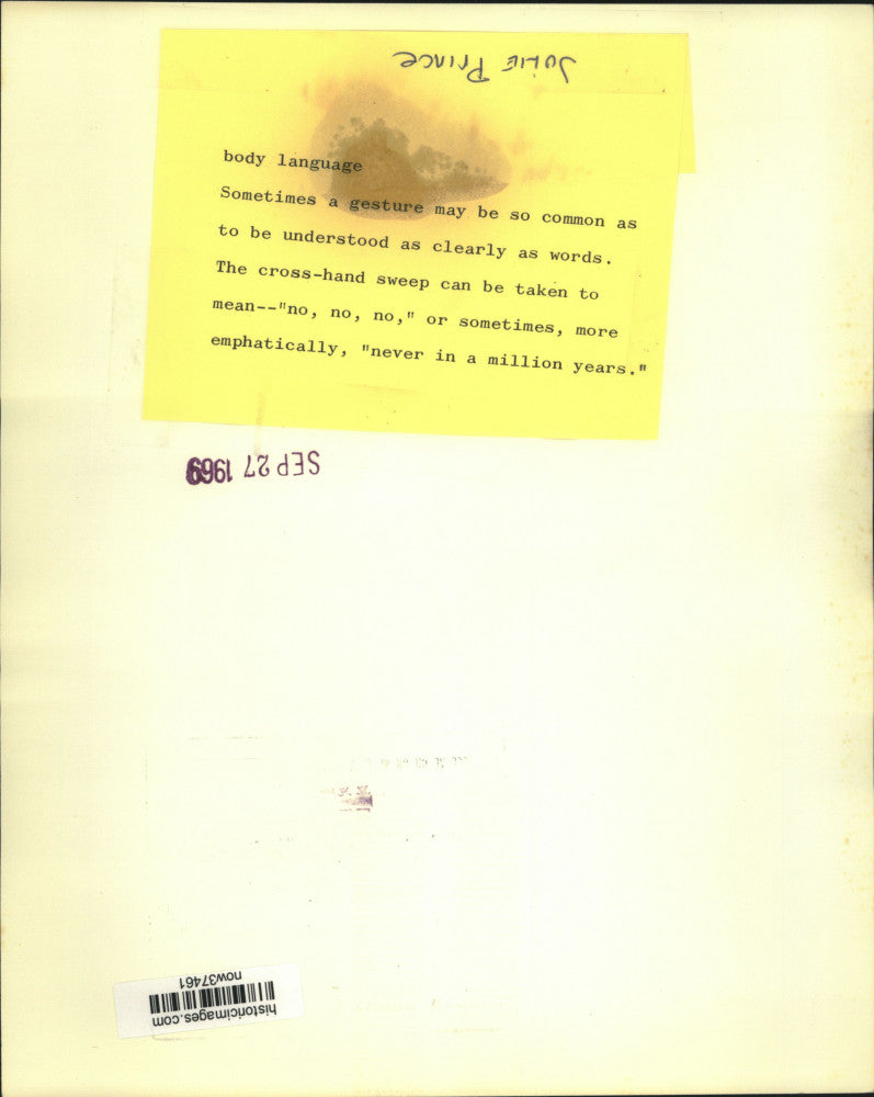 Load image into Gallery viewer, 1969 Press Photo Julie Prince uses body language in negative response
