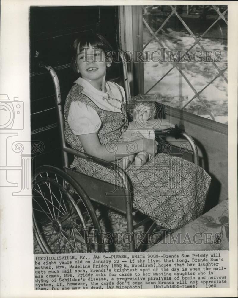 1960 Press Photo Schilder&#39;s disease victim Brenda Sue Priddy waits for mail