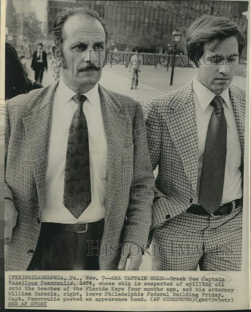 Load image into Gallery viewer, 1975 Press Photo Greek Captain Vassilis Psarroulis and attorney at PA court
