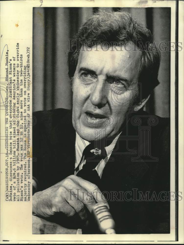 1972 Press Photo Senator Edmund Muskie speaks of veto override in Washington