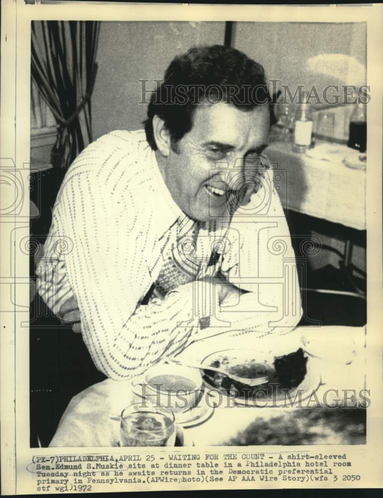 Load image into Gallery viewer, 1972 Press Photo Senator Edmund Muskie awaits Pennsylvania election results
