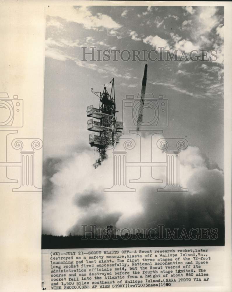 1960 Press Photo Scout research rocket launches from Wallops Island, Virginia