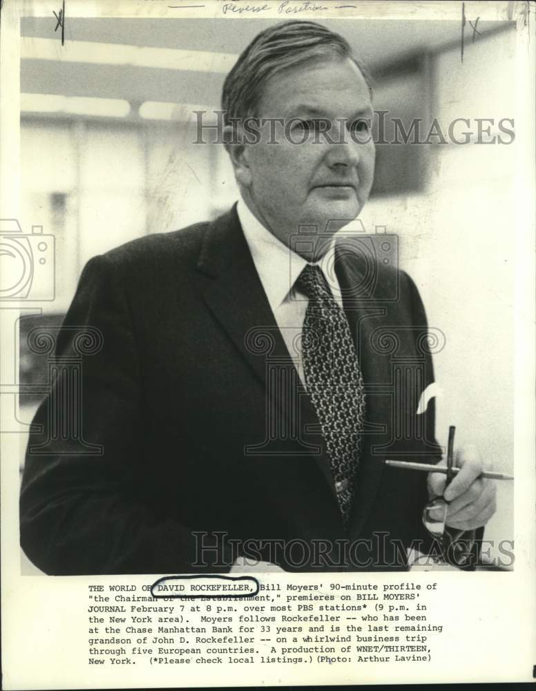 Load image into Gallery viewer, 1980 Press Photo Bill Moyers' special "The World of David Rockefeller" on PBS
