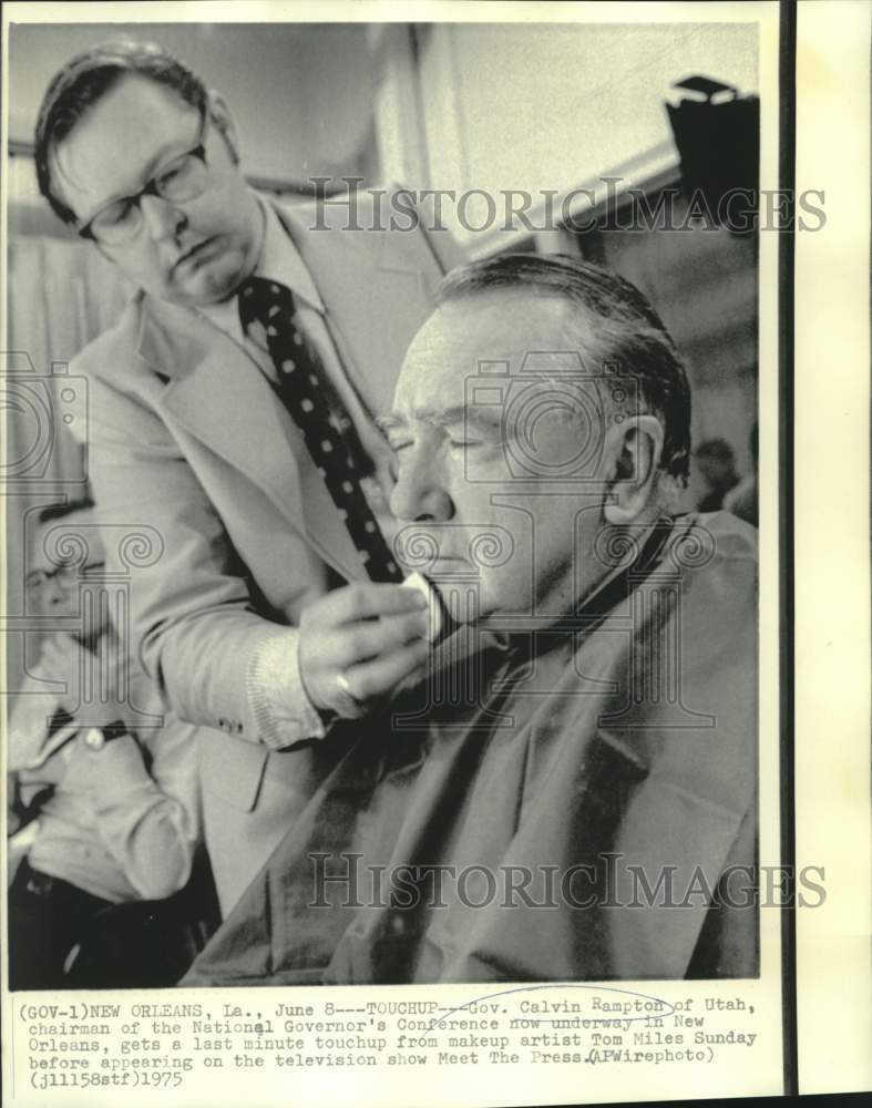 Load image into Gallery viewer, 1975 Press Photo Touch-up for Calvin Rampton by Tom Miles before LA TV program
