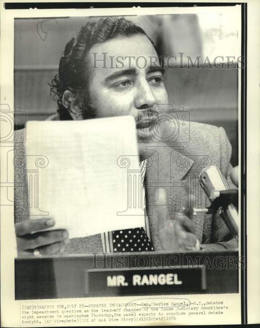 1974 Press Photo Representative Charles Rangel debates impeachment in Washington