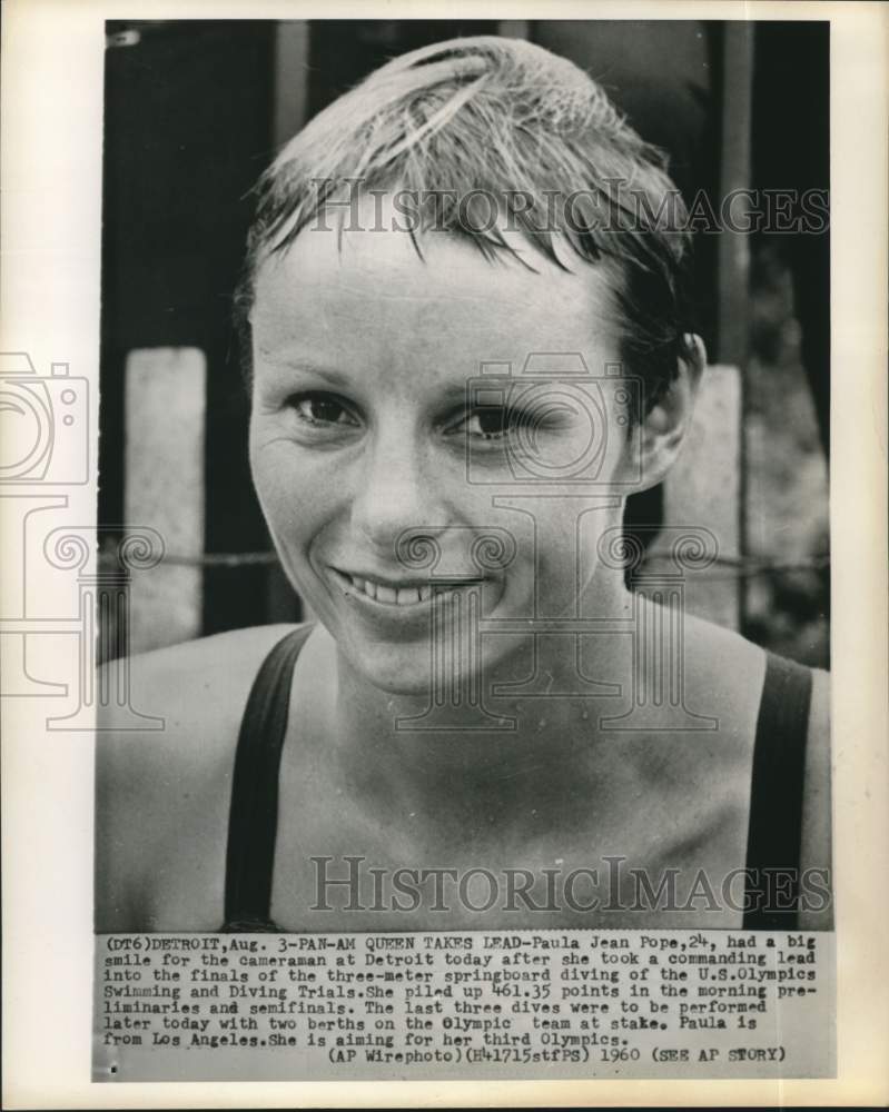 Load image into Gallery viewer, 1960 Press Photo Diver Paula Pope smiles after Olympic trials in Michigan
