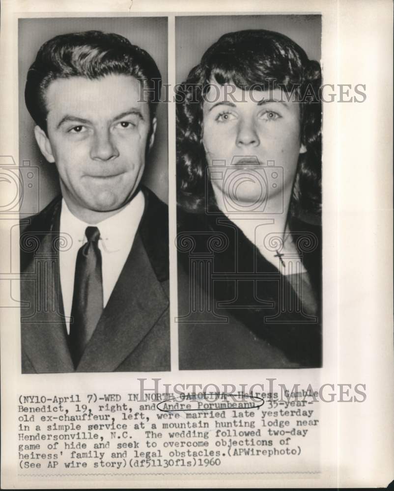 1960 Press Photo Heiress Gamble Benedict and Andre Porumbeanu married in NC