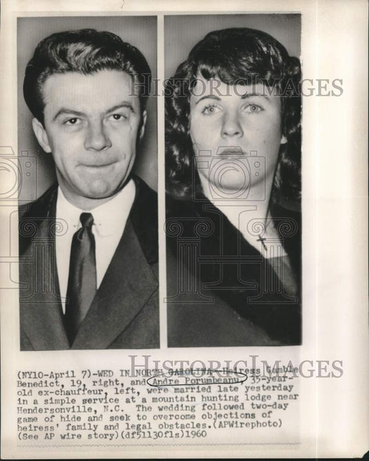 1960 Press Photo Heiress Gamble Benedict and Andre Porumbeanu married in NC