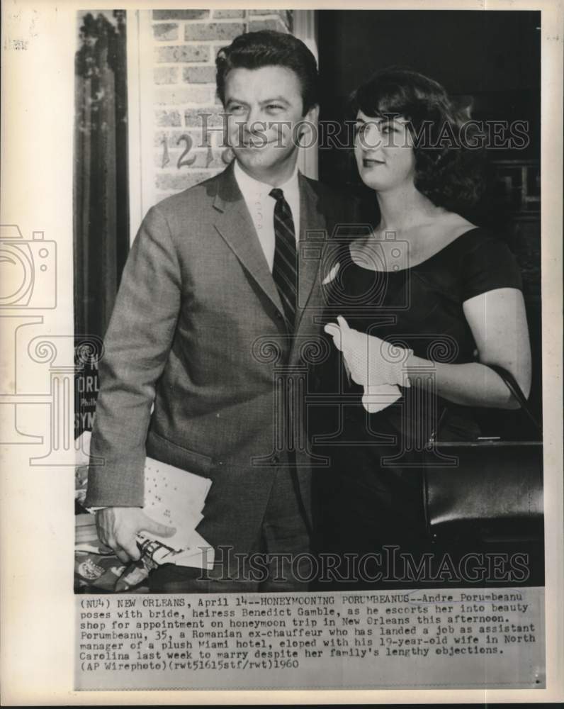 Load image into Gallery viewer, 1960 Press Photo Andre Porumbeanu and Benedict Gamble honeymoon in New Orleans
