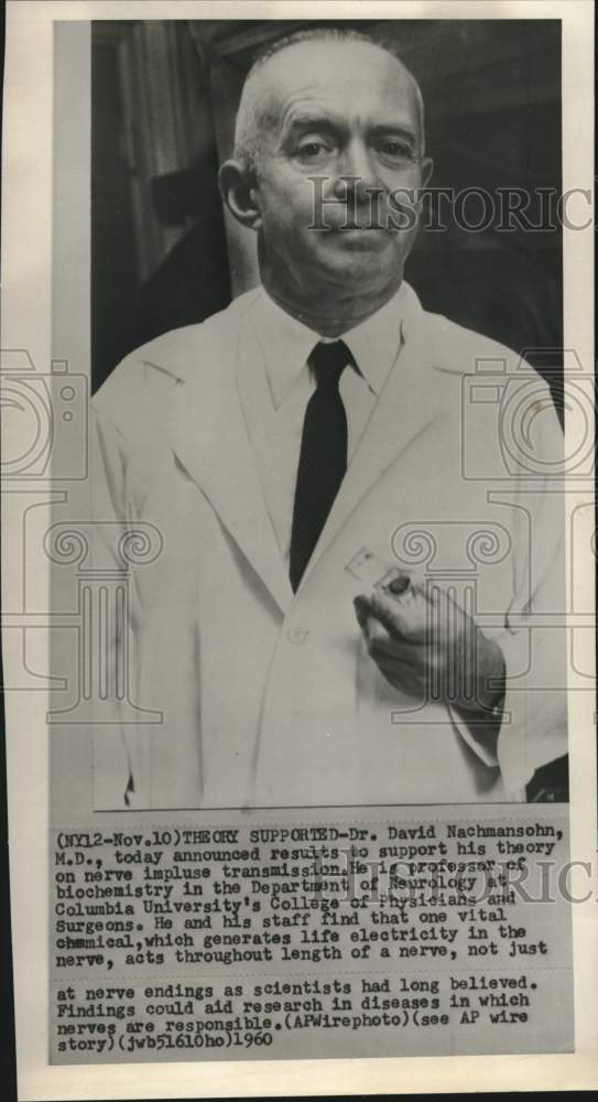 Load image into Gallery viewer, 1960 Press Photo Dr. David Nachmansohn announces nerve impulse theory
