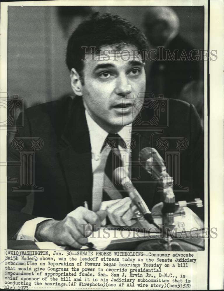 Load image into Gallery viewer, 1973 Press Photo Ralph Nader testifies at Senate Judiciary subcommittee hearing
