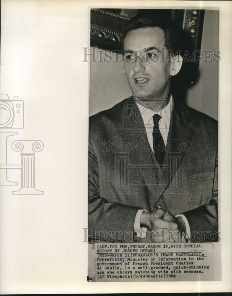 1964 Press Photo French Minister of Information Alain Peyrefitte speaks to press