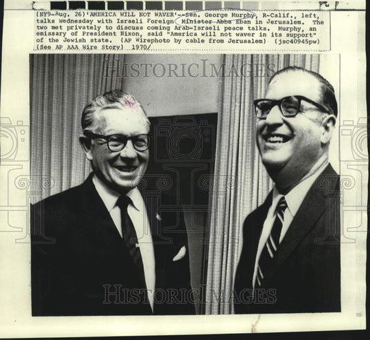 1970 Press Photo Sen. George Murphy chats with Israeli F.M. Abba Eban, Jerusalem