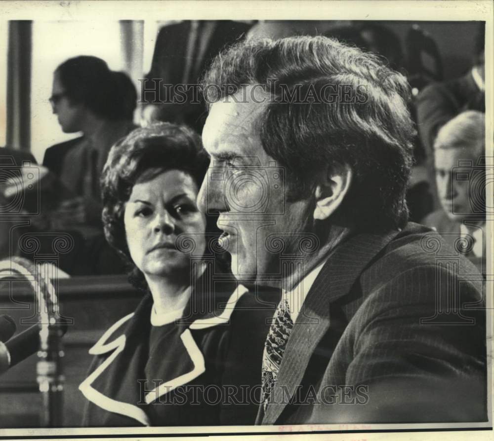 1972 Press Photo Mrs. Muskie watches Senator Muskie quit primaries. - now38168