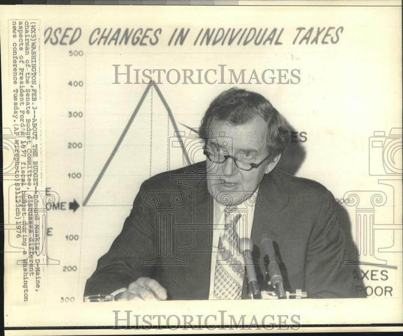 Load image into Gallery viewer, 1976 Press Photo Edmund Muskie at Washington budget news conference. - now38250
