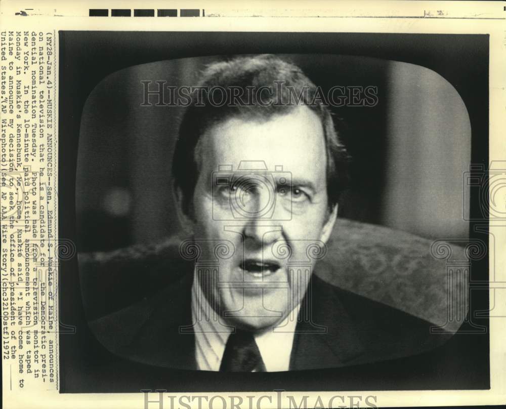 1972 Press Photo Sen. Ed Muskie announces his candidacy for president on T.V.