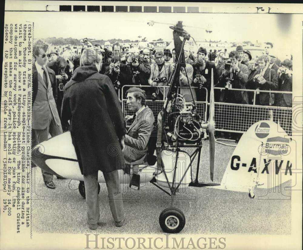 1970 Press Photo Prince Charles sits in gyroplane at Farnborough air show