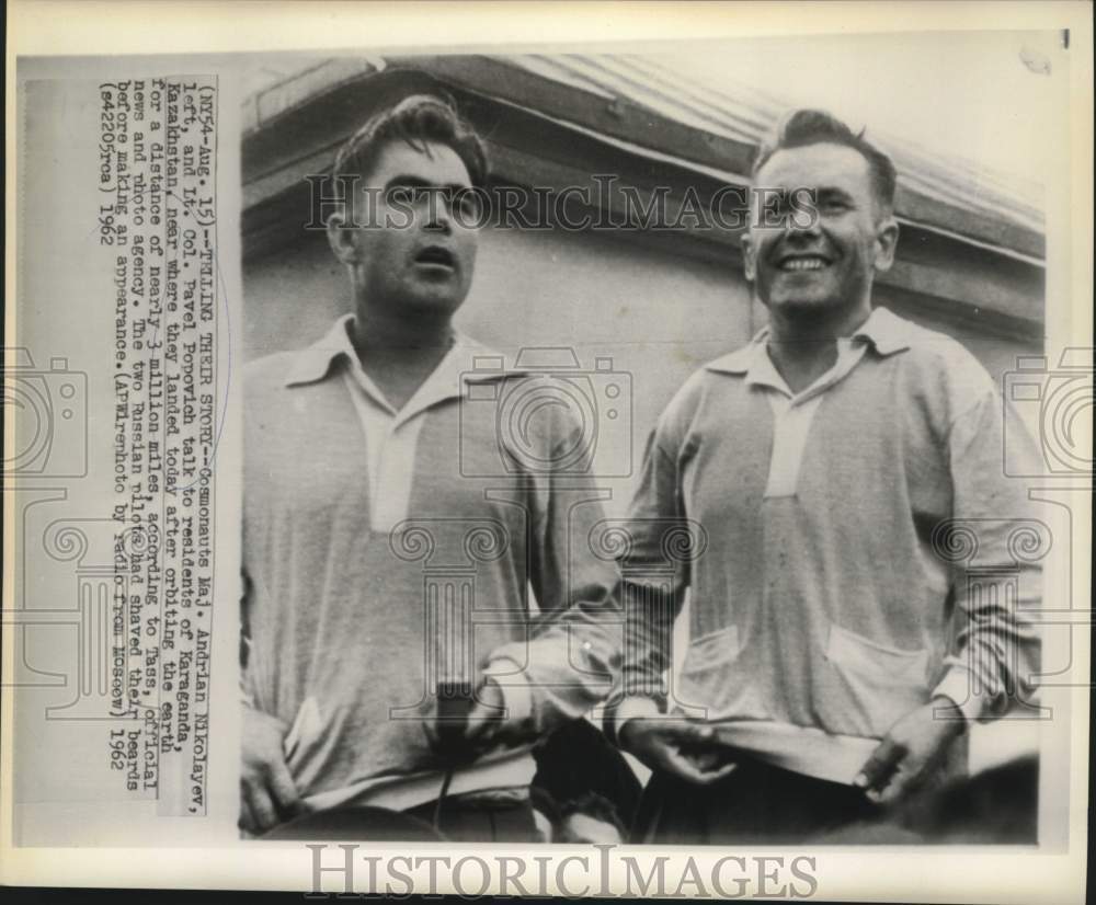 1962 Press Photo Russian cosmonauts talk to residents of Karaganda, Kazakhstan