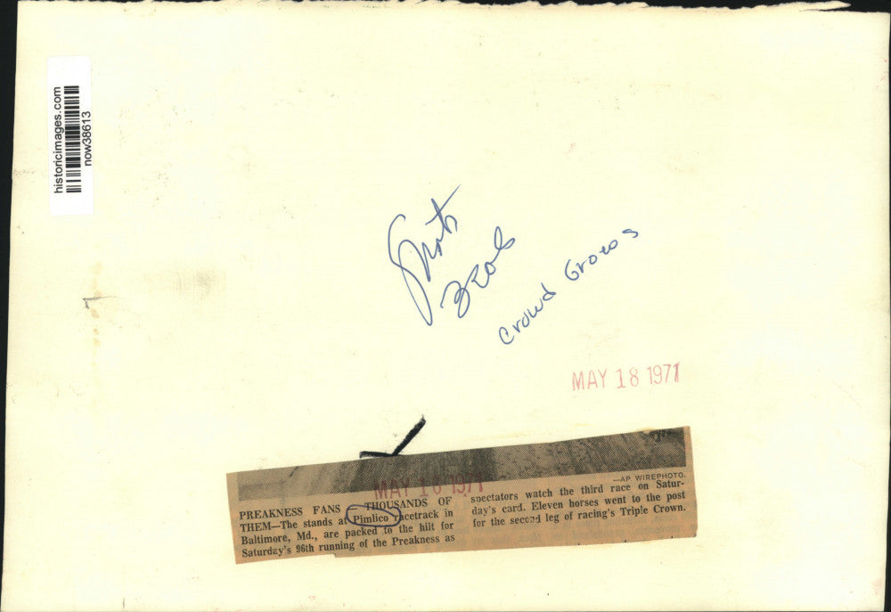 1971 Press Photo Crowds in the Pimlico racetrack stands cheer during a race, MD.