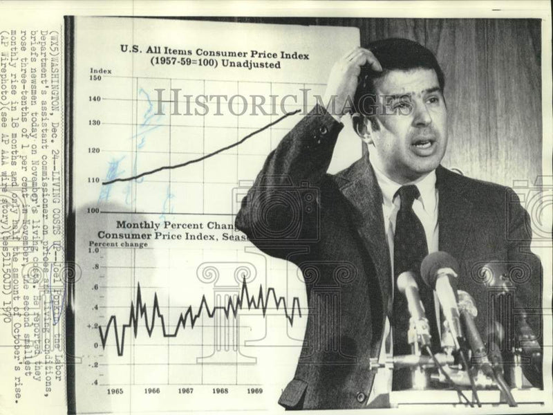 Load image into Gallery viewer, 1970 Press Photo Labor Department Commissioner Briefs Press on Living Costs
