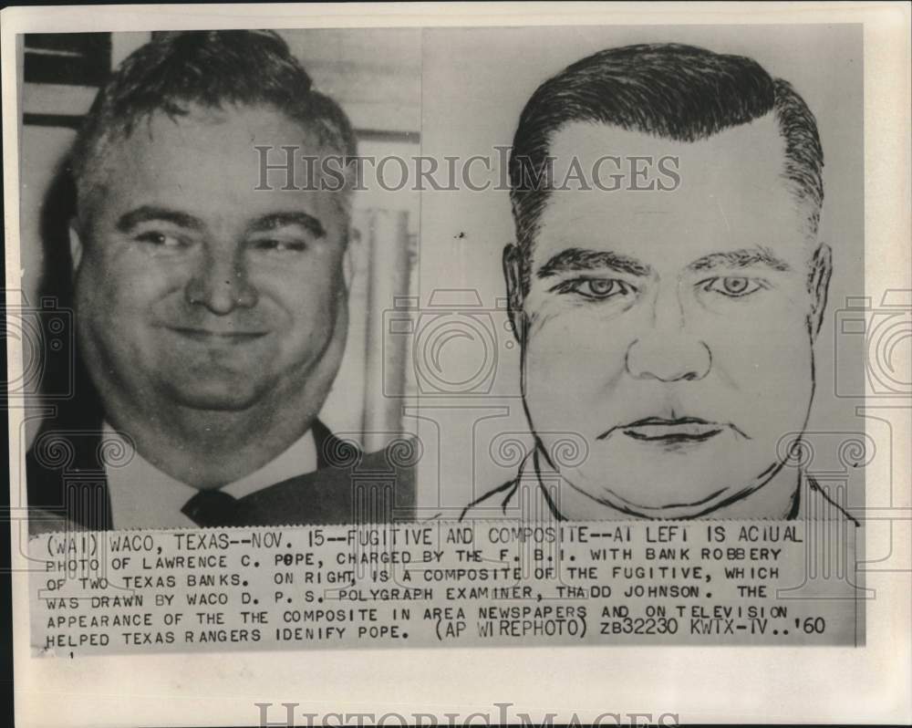 1960 Press Photo Alleged Bank Robber Lawrence C. Pope &amp; Composite Drawing