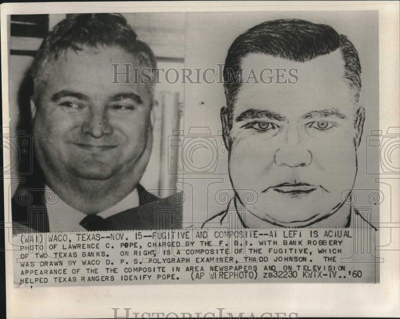 Load image into Gallery viewer, 1960 Press Photo Alleged Bank Robber Lawrence C. Pope &amp; Composite Drawing

