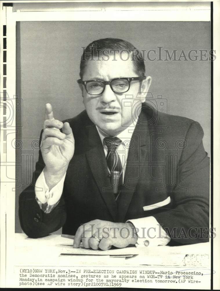 1969 Press Photo New York mayoral candidate Mario Procaccino appears on WOR-TV