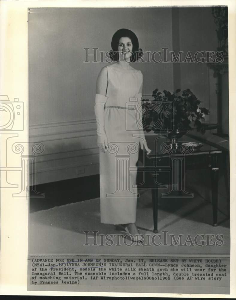 1965 Press Photo Lynda Johnson models inaugural ball gown. - now39007