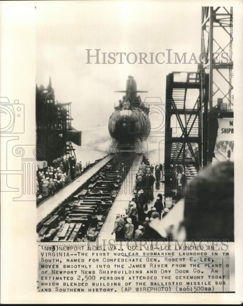 1965 Press Photo The Robert E. Lee nuclear sub launched at Newport News, VA