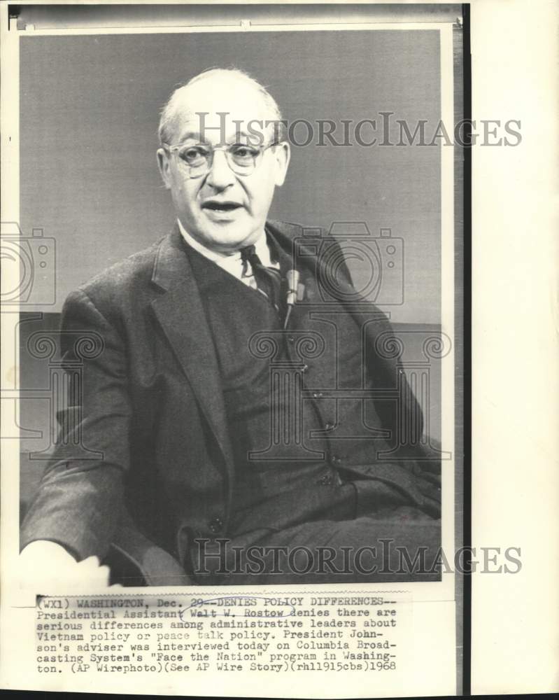 1968 Press Photo President Johnson&#39;s adviser Walt Rostow on &quot;Face the Nation.&quot;