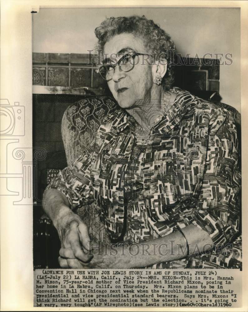 Load image into Gallery viewer, 1960 Press Photo Vice President Richard Nixon's mother Hannah Nixon of La Habra

