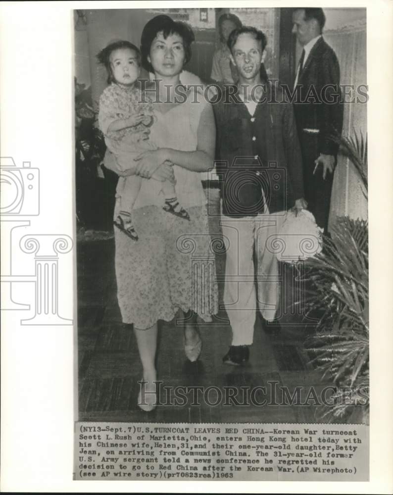 1963 Press Photo Scott Rush and family arrive Hong Kong hotel from Red China