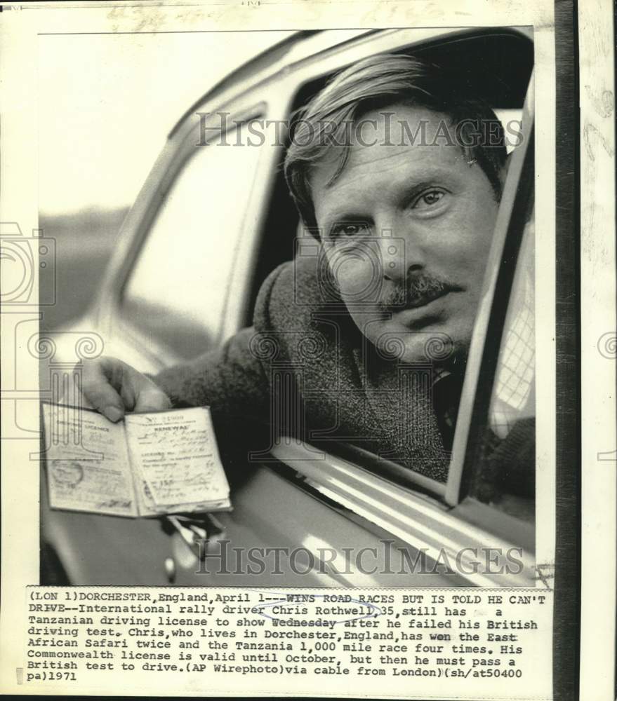 1971 Press Photo International rally driver Chris Rothwell fails British test