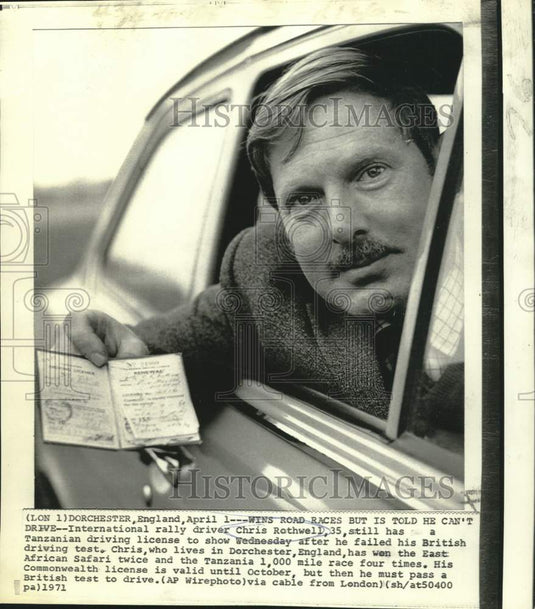 1971 Press Photo International rally driver Chris Rothwell fails British test