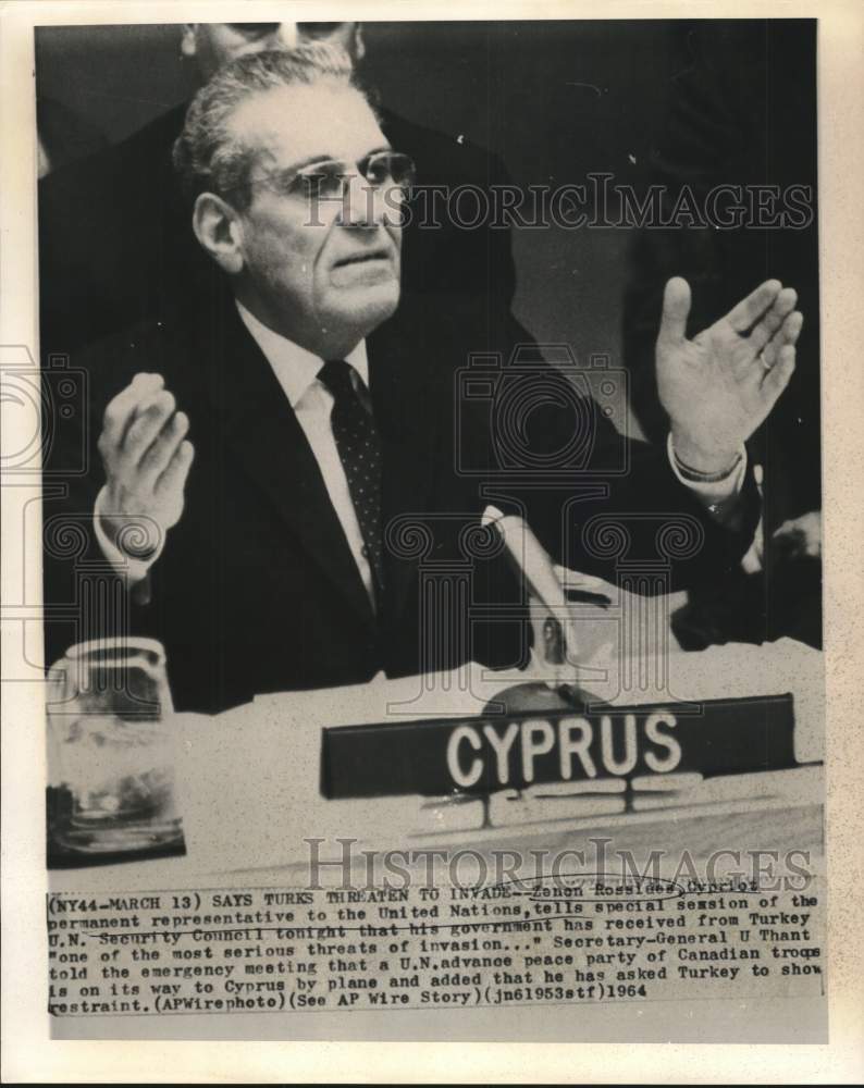 1964 Press Photo Cyprus&#39; Zenon Rossides speaks at UN special session - now39190