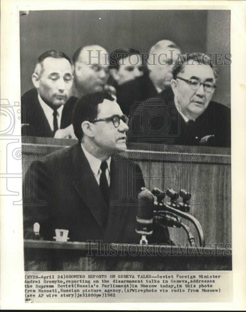 1962 Press Photo Soviet Andrei Gromyko reports on Geneva disarmament talks